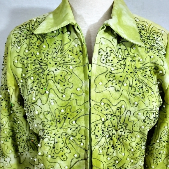 NWT Anage Green Sequin & Pearl Zip Jacket - Picture 2 of 10